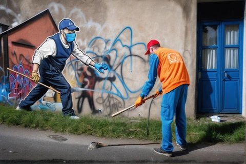 Mann in weißem T-Shirt und Kappe entfernt Graffiti von einer Wand mit einem Handwerkzeug und trägt dabei Schutzhandschuhe.