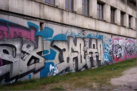 Bunte Graffitis auf der grauen Wand eines Gebäudes, darunter in großen Buchstaben