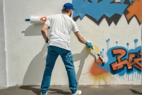 Person in blauer Kleidung und Kappe übermalt Graffiti an einer Wand mit weißer Farbe aus einer großen Farbrolle.