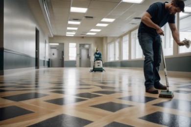 Reinigungspersonal bei der Pflege eines gemusterten PVC Fußbodens in einem hellen, geräumigen Korridor
