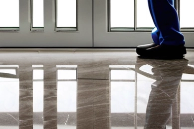 Nahaufnahme eines glänzenden Marmorbodens mit Reflexion, wobei die untere Hälfte einer Person in blauer Arbeitskleidung und schwarzen Schuhen zu sehen ist, was auf eine Bodenreinigung oder -pflege hindeutet.