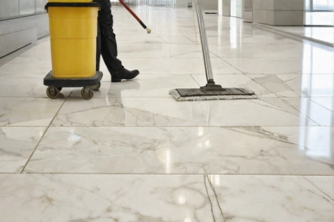 Reinigungspersonal poliert mit einer elektrischen Bodenpoliermaschine den Marmorboden eines hellen Bürogebäudes.
