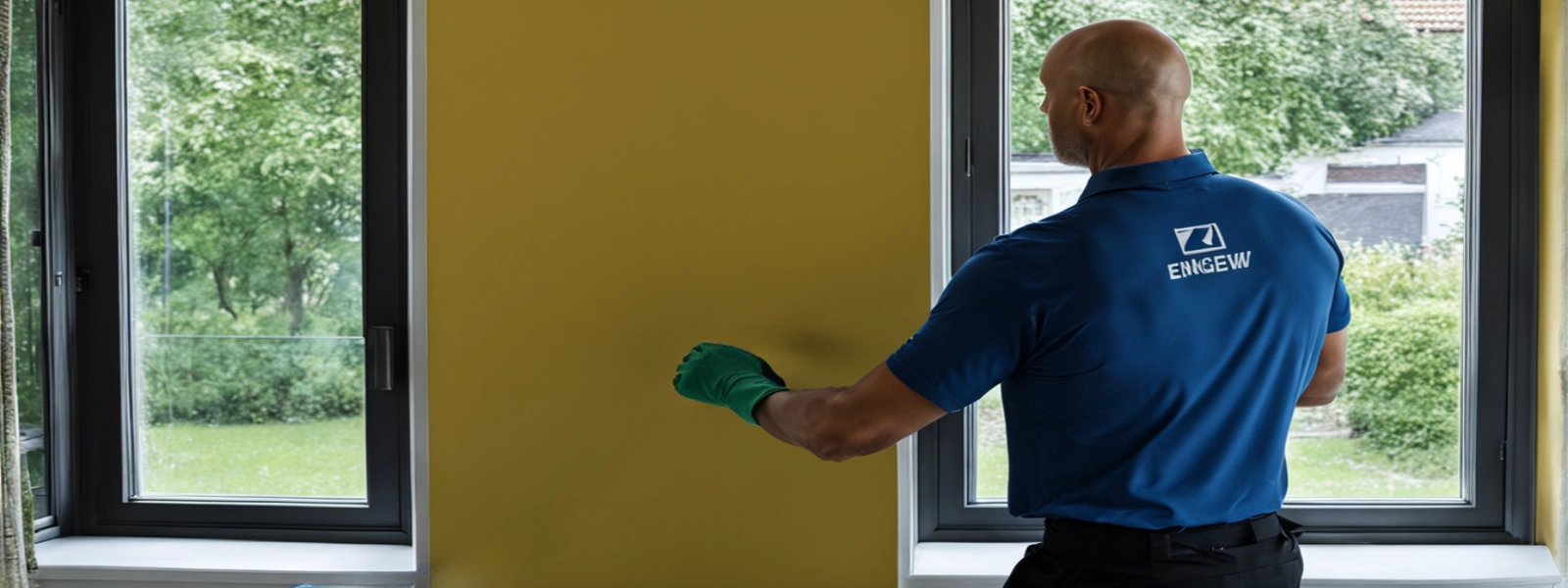 Ein Fensterputzer derFenster in einer privaten Wohnung putzt