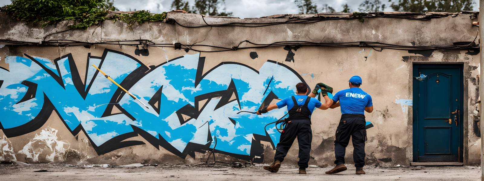 Ein Gebäudereiniger der ein Graffiti von einer HAuswand in Neuss entfernt
