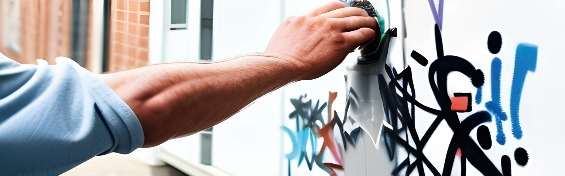 Ein Mann entfernt ein Graffitit von einer Wand