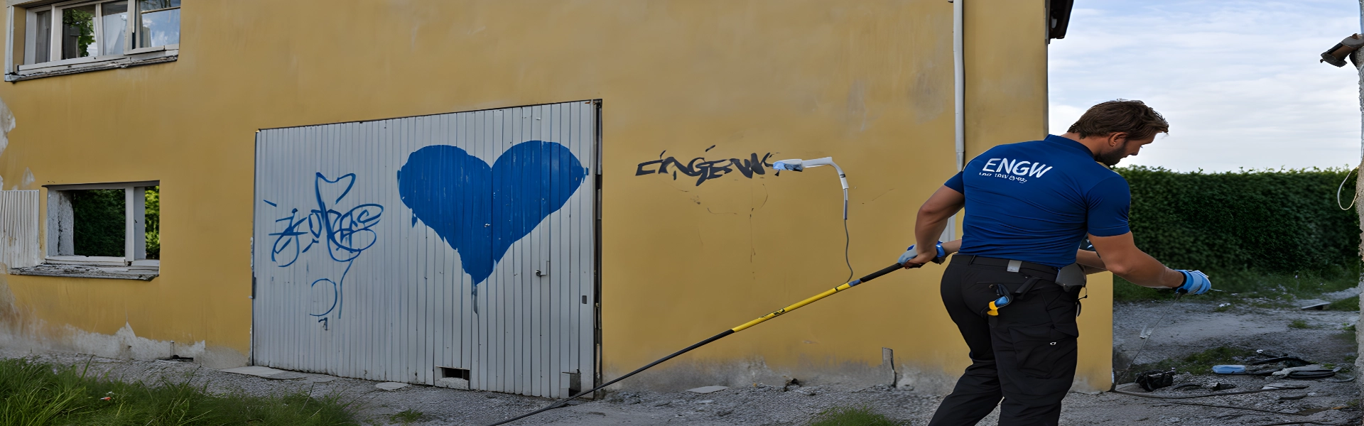 Ein Mann, der ein Graffiti von einer Hauswand entfernt