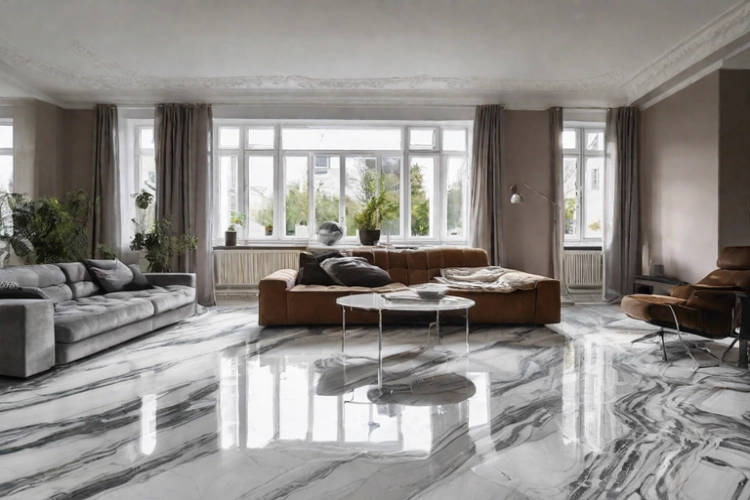 Modern eingerichtetes Wohnzimmer mit glänzendem Marmorboden und großen Fenstern
